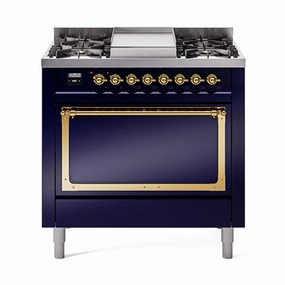Ilve UN36FQNMPMBG Ilve Un36Fqnmpmbg Nostalgie Ii Noblesse 36" Dual Fuel Range (Natural Gas, Solid Door, Midnight Blue, Brass) Freestanding Ranges freestanding dual fuel range 30 inch