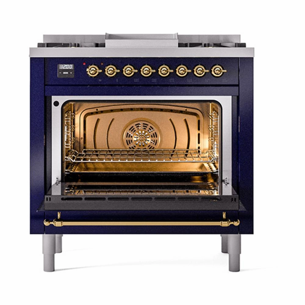 Ilve UN36FQNMPMBG Ilve Un36Fqnmpmbg Nostalgie Ii Noblesse 36" Dual Fuel Range (Natural Gas, Solid Door, Midnight Blue, Brass)