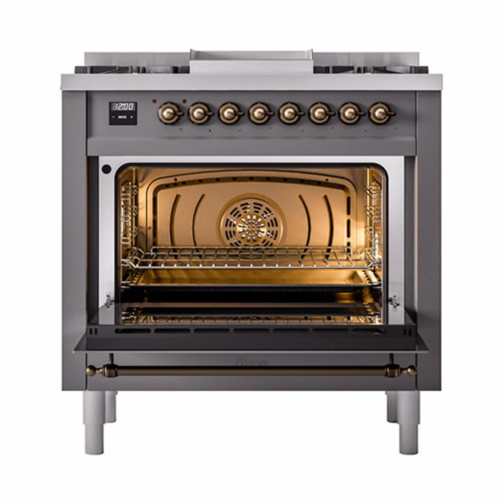 Ilve UN36FQNMPMGBLP Ilve Un36Fqnmpmgblp Nostalgie Ii Noblesse 36" Dual Fuel Range (Liquid Propane, Solid Door, Graphite Matte, Burnished)