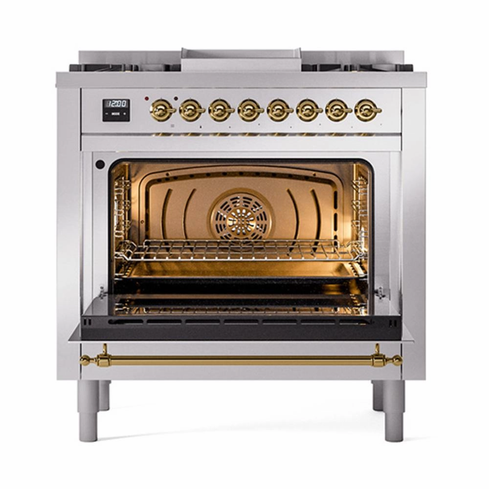 Ilve UN36FQNMPSSG Ilve Un36Fqnmpssg Nostalgie Ii Noblesse 36" Dual Fuel Range (Natural Gas, Solid Door, Stainless Steel, Brass)