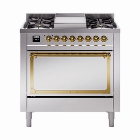 Ilve UN36FQNMPSSG Ilve Un36Fqnmpssg Nostalgie Ii Noblesse 36" Dual Fuel Range (Natural Gas, Solid Door, Stainless Steel, Brass) Freestanding Ranges freestanding dual fuel range 30 inch