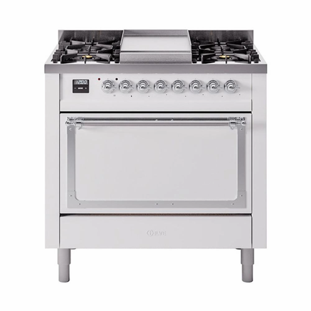 Ilve UN36FQNMPWHC Ilve Un36Fqnmpwhc Nostalgie Ii Noblesse 36" Dual Fuel Range (Natural Gas, Solid Door, White, Chrome) Freestanding Ranges freestanding dual fuel range 30 inch