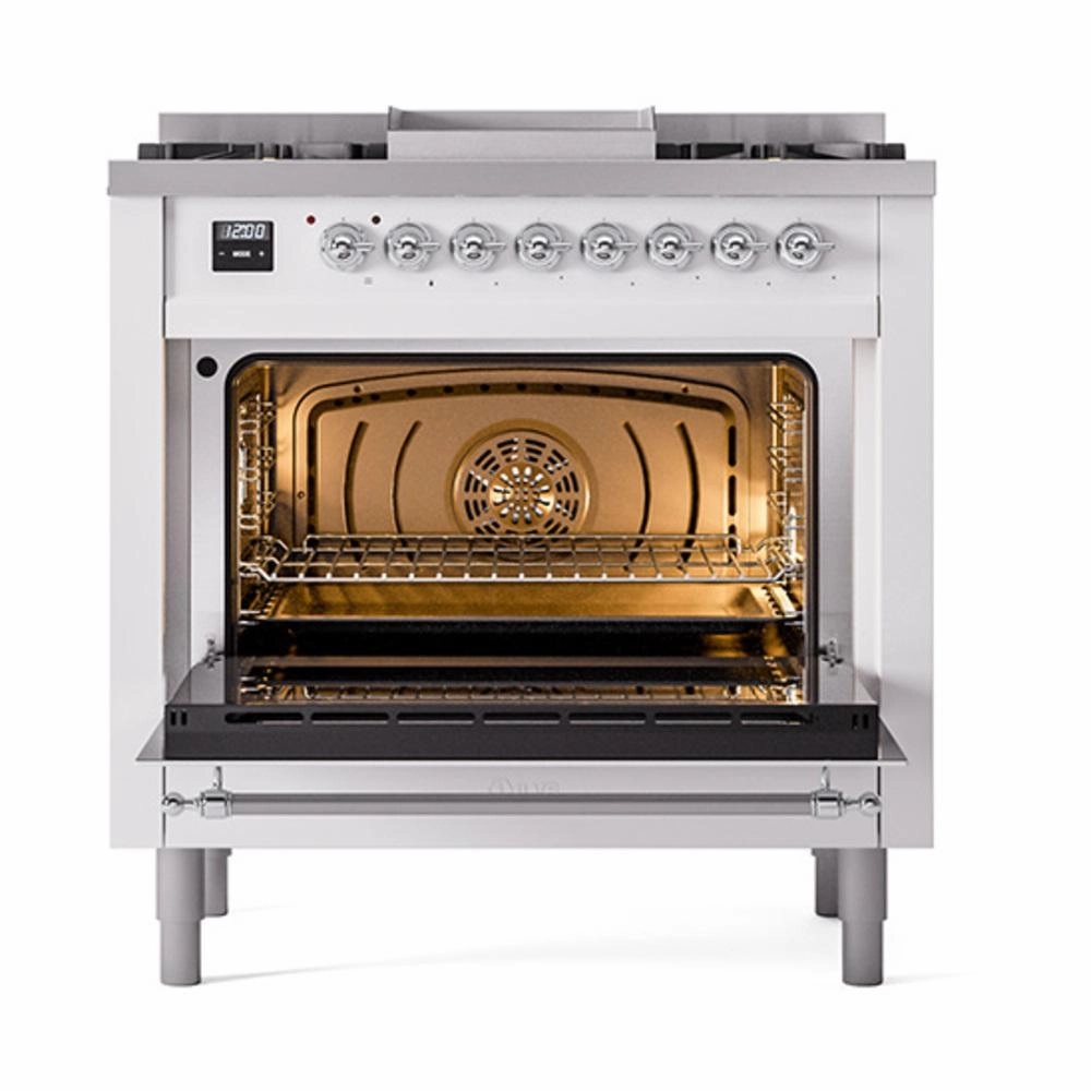Ilve UN36FQNMPWHC Ilve Un36Fqnmpwhc Nostalgie Ii Noblesse 36" Dual Fuel Range (Natural Gas, Solid Door, White, Chrome)