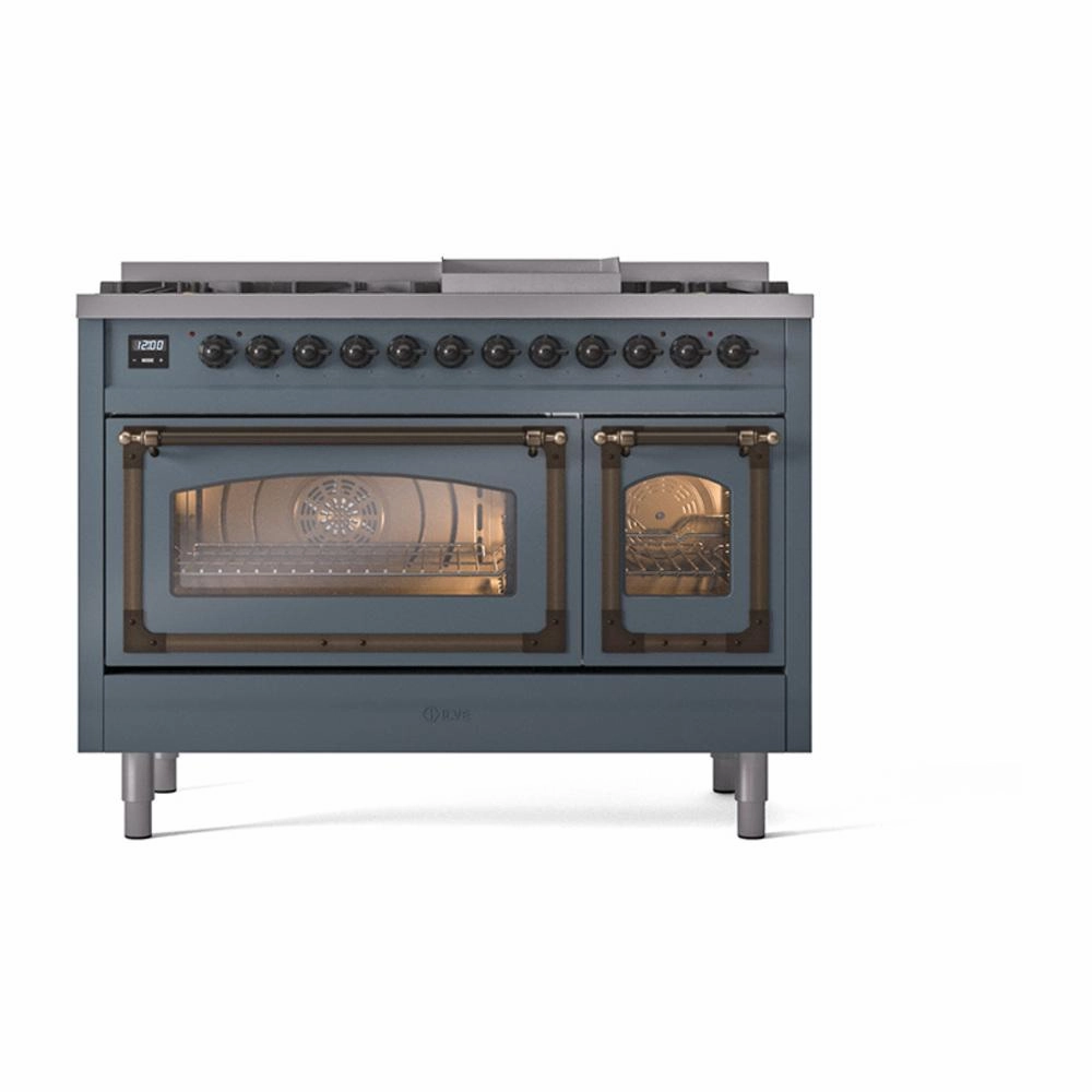 Ilve UN48FNMPBGBLP Ilve Un48Fnmpbgblp Nostalgie Ii Noblesse 48" Dual Fuel Range (8 Sealed Burners   Griddle, Liquid Propane, Triple Glass Door, Blue Grey, Burnished)