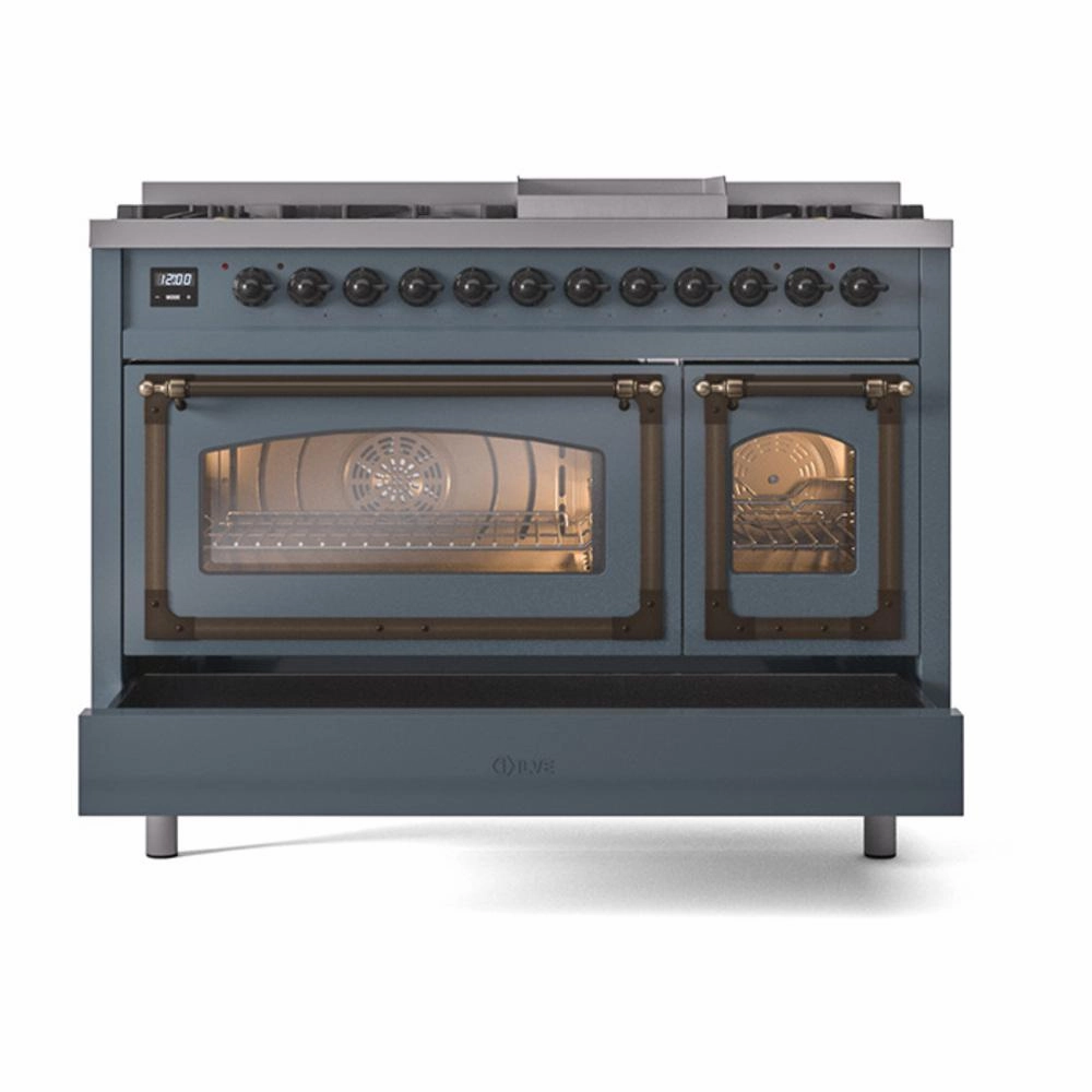 Ilve UN48FNMPBGBLP Ilve Un48Fnmpbgblp Nostalgie Ii Noblesse 48" Dual Fuel Range (8 Sealed Burners   Griddle, Liquid Propane, Triple Glass Door, Blue Grey, Burnished)