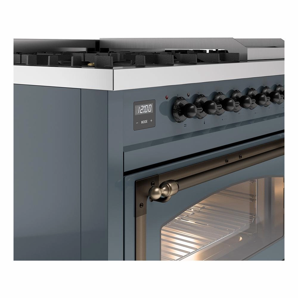 Ilve UN48FNMPBGBLP Ilve Un48Fnmpbgblp Nostalgie Ii Noblesse 48" Dual Fuel Range (8 Sealed Burners   Griddle, Liquid Propane, Triple Glass Door, Blue Grey, Burnished)