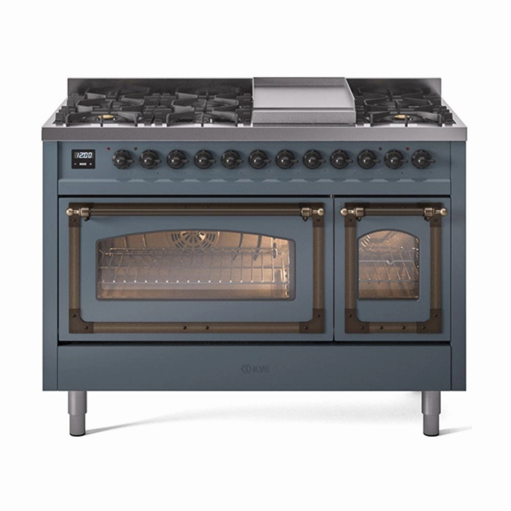 Ilve UN48FNMPBGBLP Ilve Un48Fnmpbgblp Nostalgie Ii Noblesse 48" Dual Fuel Range (8 Sealed Burners   Griddle, Liquid Propane, Triple Glass Door, Blue Grey, Burnished) Freestanding Ranges freestanding dual fuel range 30 inch