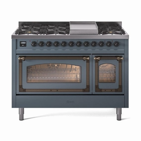 Ilve UN48FNMPBGBLP Ilve Un48Fnmpbgblp Nostalgie Ii Noblesse 48" Dual Fuel Range (8 Sealed Burners   Griddle, Liquid Propane, Triple Glass Door, Blue Grey, Burnished) Freestanding Ranges freestanding dual fuel range 30 inch