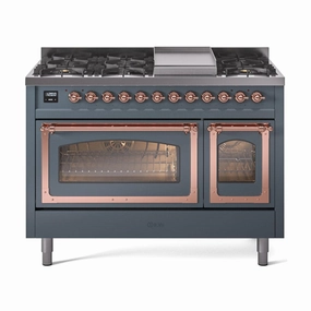 Ilve UN48FNMPBGP Ilve Un48Fnmpbgp Nostalgie Ii Noblesse 48" Dual Fuel Range (8 Sealed Burners   Griddle, Natural Gas, Triple Glass Door, Blue Grey, Copper) Freestanding Ranges freestanding dual fuel range 30 inch