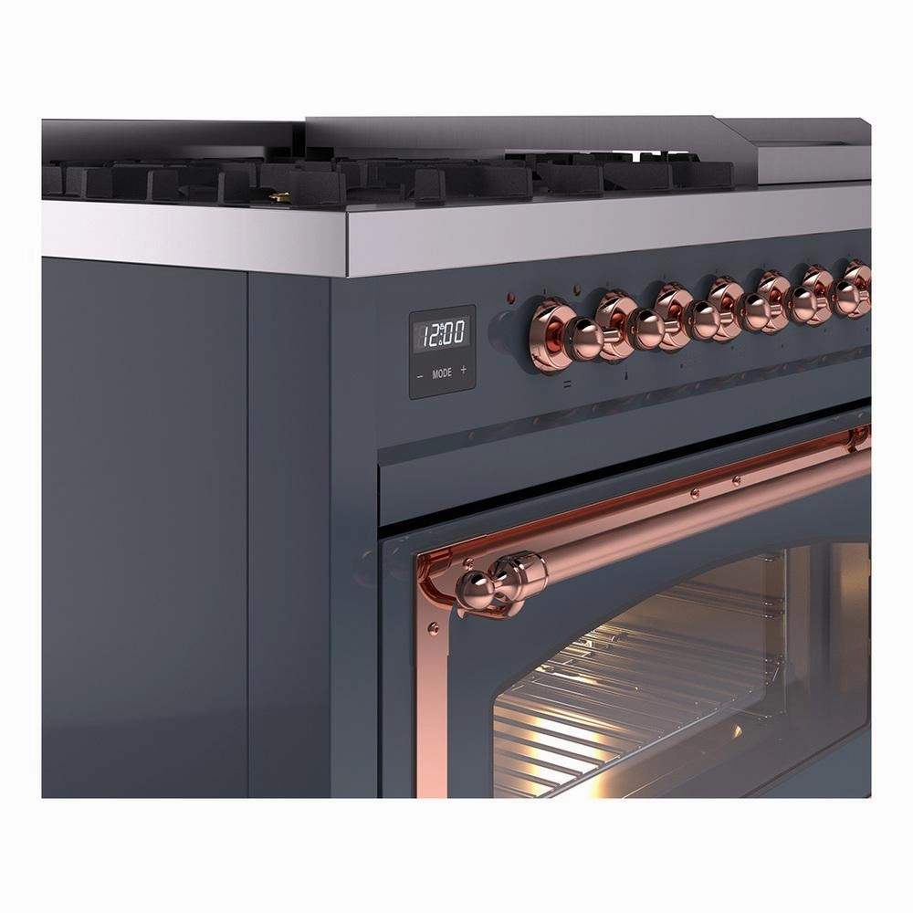 Ilve UN48FNMPBGP Ilve Un48Fnmpbgp Nostalgie Ii Noblesse 48" Dual Fuel Range (8 Sealed Burners   Griddle, Natural Gas, Triple Glass Door, Blue Grey, Copper)