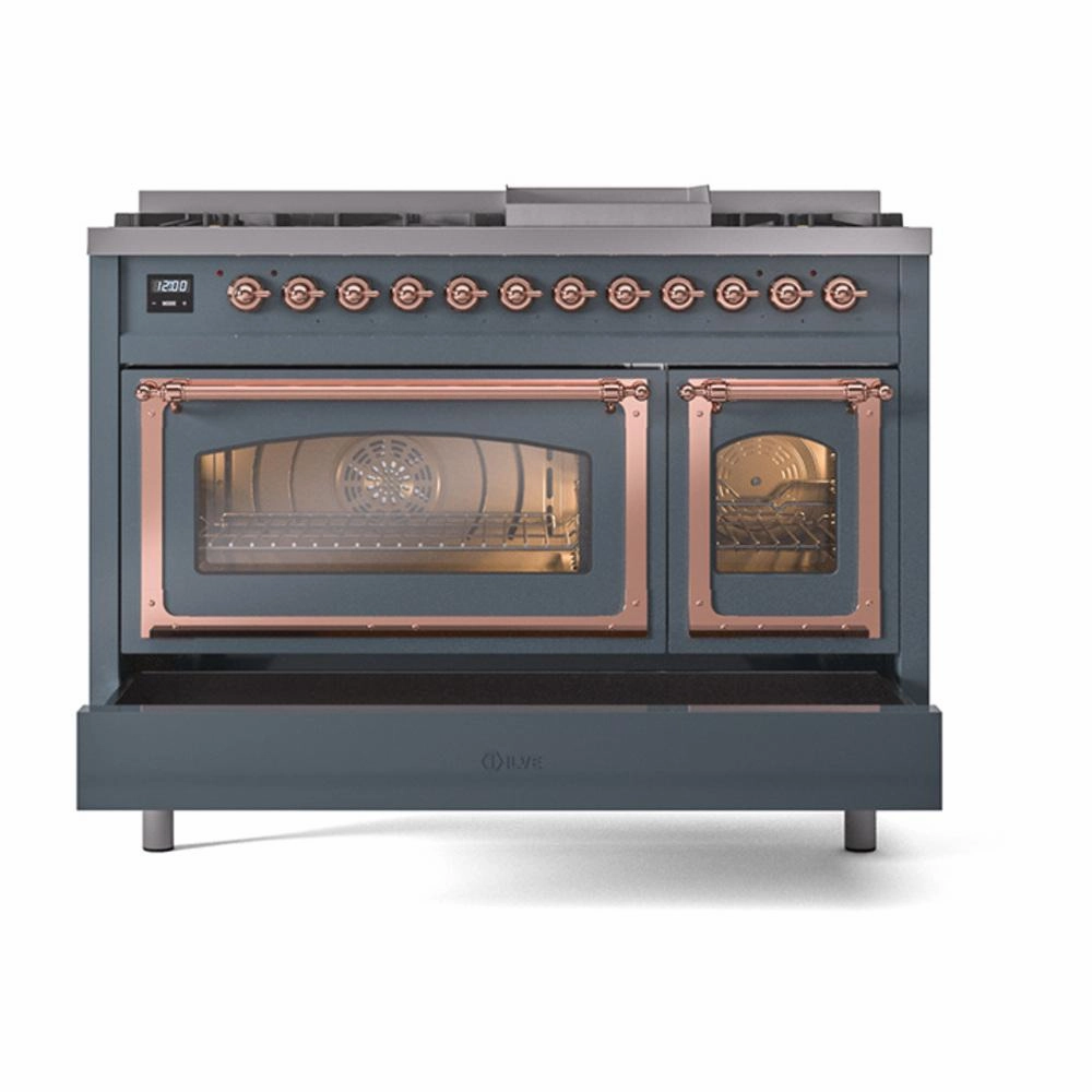 Ilve UN48FNMPBGP Ilve Un48Fnmpbgp Nostalgie Ii Noblesse 48" Dual Fuel Range (8 Sealed Burners   Griddle, Natural Gas, Triple Glass Door, Blue Grey, Copper)