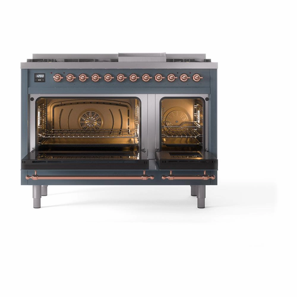 Ilve UN48FNMPBGP Ilve Un48Fnmpbgp Nostalgie Ii Noblesse 48" Dual Fuel Range (8 Sealed Burners   Griddle, Natural Gas, Triple Glass Door, Blue Grey, Copper)