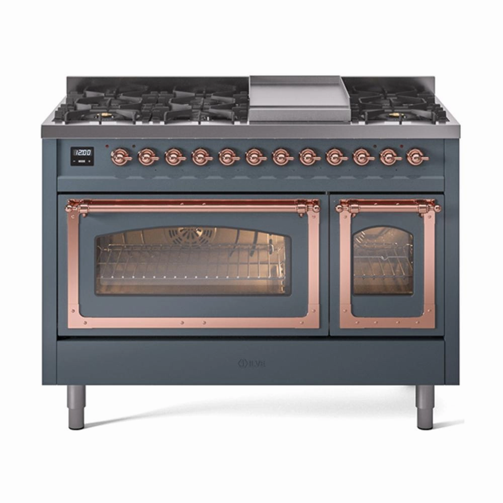 Ilve UN48FNMPBGP Ilve Un48Fnmpbgp Nostalgie Ii Noblesse 48" Dual Fuel Range (8 Sealed Burners   Griddle, Natural Gas, Triple Glass Door, Blue Grey, Copper) Freestanding Ranges freestanding dual fuel range 30 inch