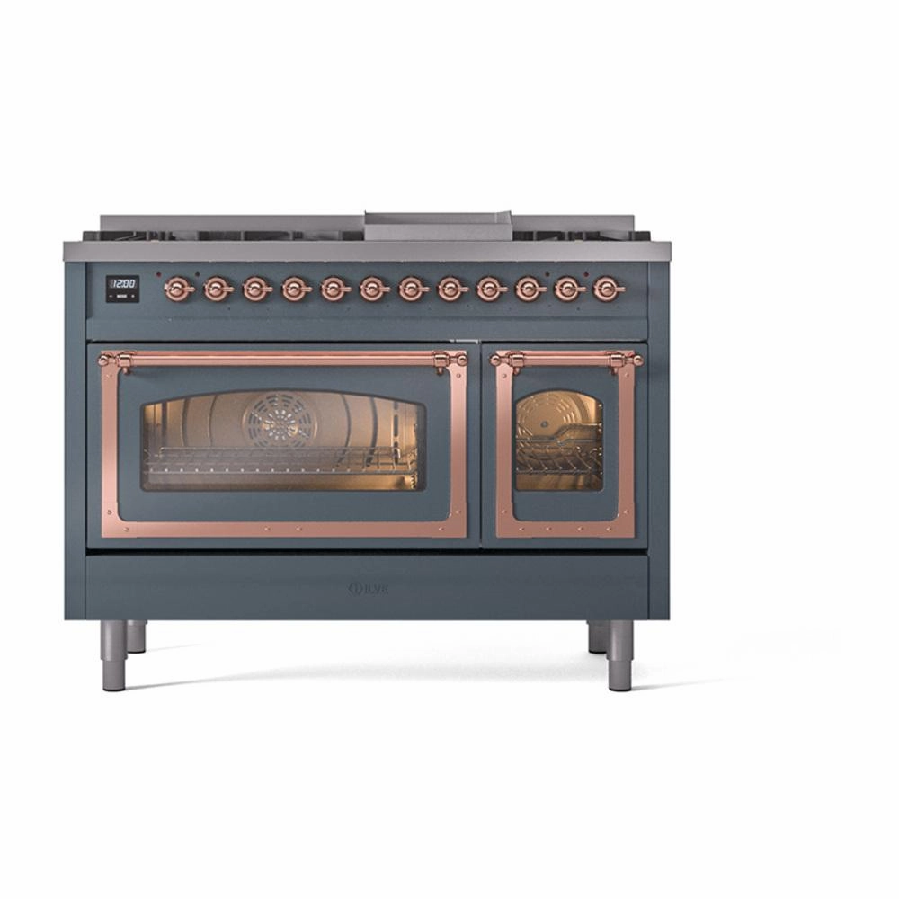 Ilve UN48FNMPBGP Ilve Un48Fnmpbgp Nostalgie Ii Noblesse 48" Dual Fuel Range (8 Sealed Burners   Griddle, Natural Gas, Triple Glass Door, Blue Grey, Copper)
