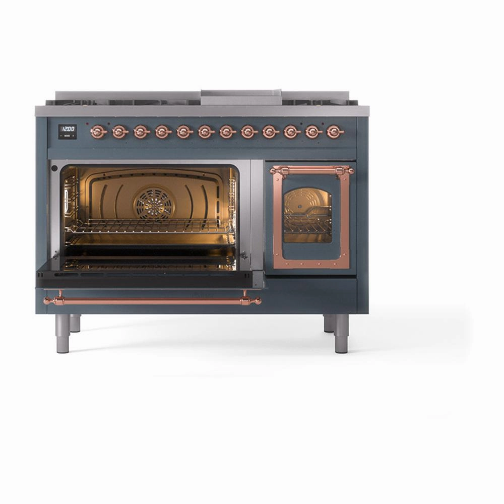 Ilve UN48FNMPBGP Ilve Un48Fnmpbgp Nostalgie Ii Noblesse 48" Dual Fuel Range (8 Sealed Burners   Griddle, Natural Gas, Triple Glass Door, Blue Grey, Copper)