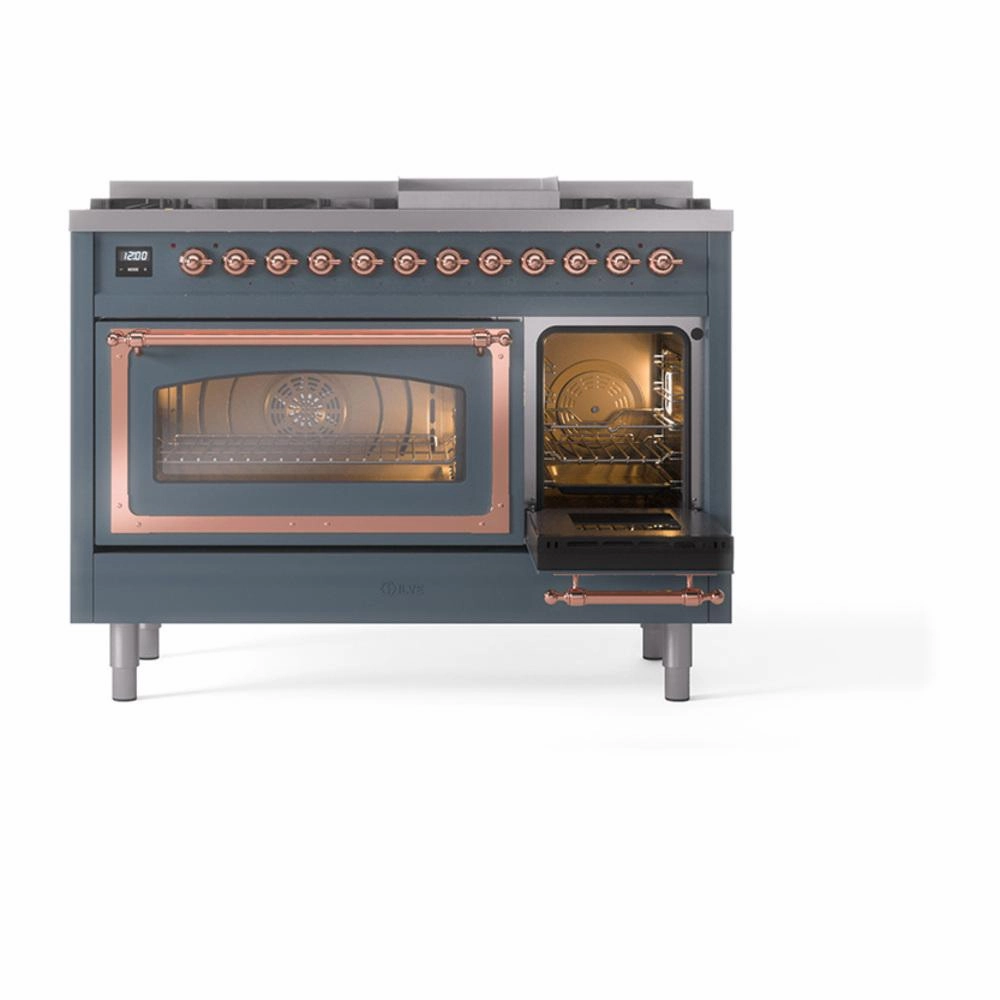 Ilve UN48FNMPBGP Ilve Un48Fnmpbgp Nostalgie Ii Noblesse 48" Dual Fuel Range (8 Sealed Burners   Griddle, Natural Gas, Triple Glass Door, Blue Grey, Copper)