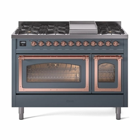 Ilve UN48FNMPBGPLP Ilve Un48Fnmpbgplp Nostalgie Ii Noblesse 48" Dual Fuel Range (8 Sealed Burners   Griddle, Liquid Propane, Triple Glass Door, Blue Grey, Copper) Freestanding Ranges freestanding dual fuel range 30 inch