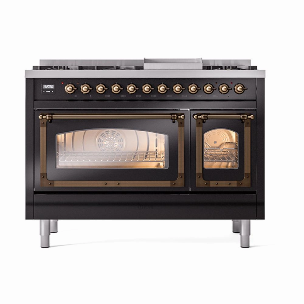 Ilve UN48FNMPBKB Ilve Un48Fnmpbkb Nostalgie Ii Noblesse 48" Dual Fuel Range (8 Sealed Burners   Griddle, Natural Gas, Triple Glass Door, Glossy Black, Burnished)