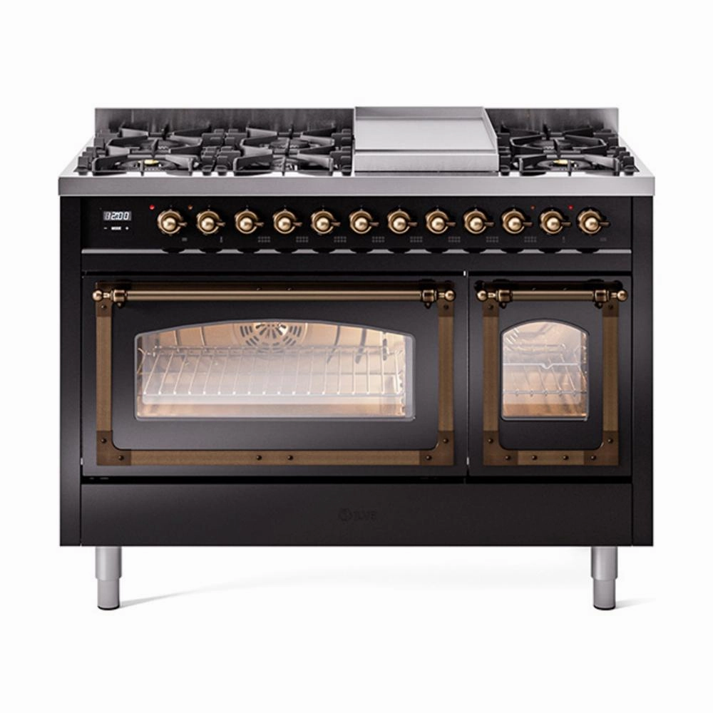 Ilve UN48FNMPBKB Ilve Un48Fnmpbkb Nostalgie Ii Noblesse 48" Dual Fuel Range (8 Sealed Burners   Griddle, Natural Gas, Triple Glass Door, Glossy Black, Burnished) Freestanding Ranges freestanding dual fuel range 30 inch