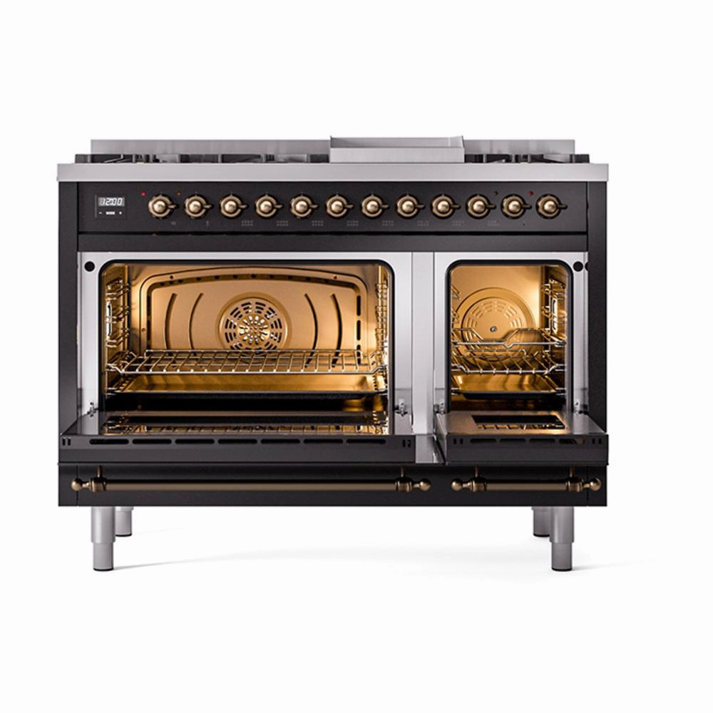 Ilve UN48FNMPBKB Ilve Un48Fnmpbkb Nostalgie Ii Noblesse 48" Dual Fuel Range (8 Sealed Burners   Griddle, Natural Gas, Triple Glass Door, Glossy Black, Burnished)
