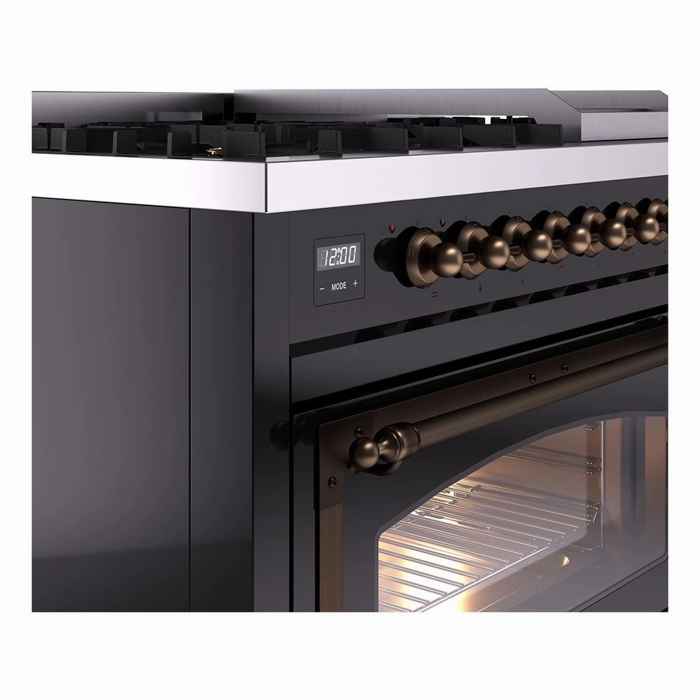 Ilve UN48FNMPBKB Ilve Un48Fnmpbkb Nostalgie Ii Noblesse 48" Dual Fuel Range (8 Sealed Burners   Griddle, Natural Gas, Triple Glass Door, Glossy Black, Burnished)