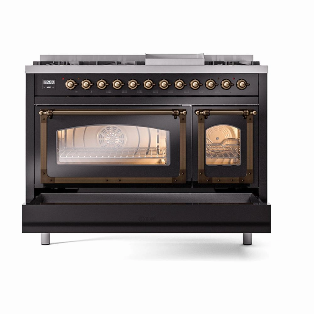 Ilve UN48FNMPBKB Ilve Un48Fnmpbkb Nostalgie Ii Noblesse 48" Dual Fuel Range (8 Sealed Burners   Griddle, Natural Gas, Triple Glass Door, Glossy Black, Burnished)