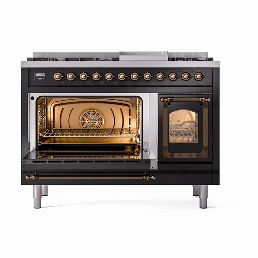 Ilve UN48FNMPBKB Ilve Un48Fnmpbkb Nostalgie Ii Noblesse 48" Dual Fuel Range (8 Sealed Burners   Griddle, Natural Gas, Triple Glass Door, Glossy Black, Burnished)