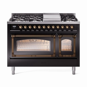 Ilve UN48FNMPBKB Ilve Un48Fnmpbkb Nostalgie Ii Noblesse 48" Dual Fuel Range (8 Sealed Burners   Griddle, Natural Gas, Triple Glass Door, Glossy Black, Burnished) Freestanding Ranges freestanding dual fuel range 30 inch