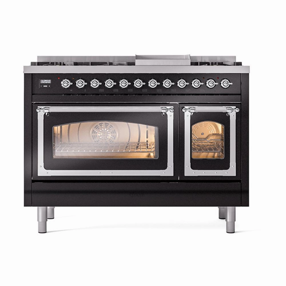 Ilve UN48FNMPBKC Ilve Un48Fnmpbkc Nostalgie Ii Noblesse 48" Dual Fuel Range (8 Sealed Burners   Griddle, Natural Gas, Triple Glass Door, Glossy Black, Chrome)