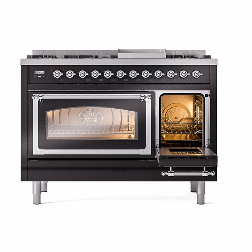 Ilve UN48FNMPBKC Ilve Un48Fnmpbkc Nostalgie Ii Noblesse 48" Dual Fuel Range (8 Sealed Burners   Griddle, Natural Gas, Triple Glass Door, Glossy Black, Chrome)