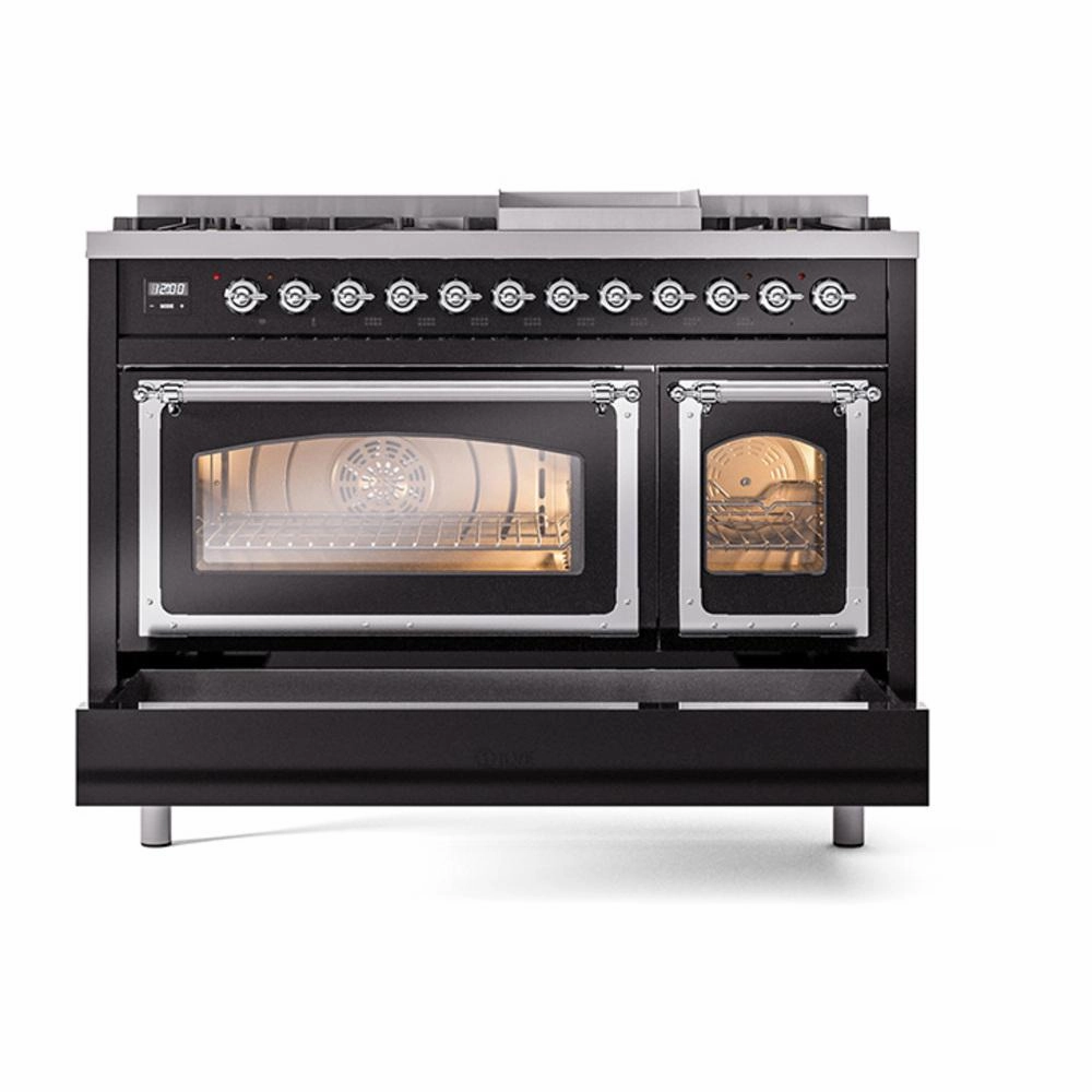 Ilve UN48FNMPBKC Ilve Un48Fnmpbkc Nostalgie Ii Noblesse 48" Dual Fuel Range (8 Sealed Burners   Griddle, Natural Gas, Triple Glass Door, Glossy Black, Chrome)