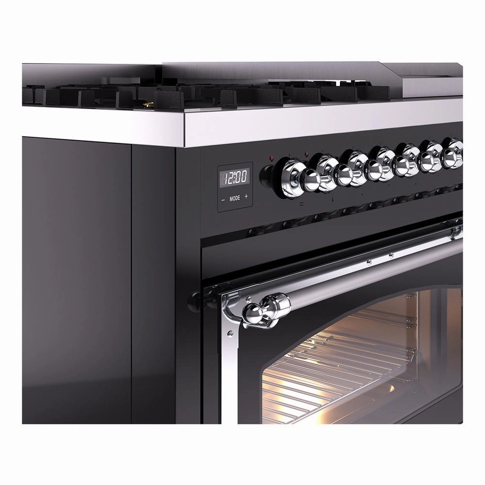 Ilve UN48FNMPBKC Ilve Un48Fnmpbkc Nostalgie Ii Noblesse 48" Dual Fuel Range (8 Sealed Burners   Griddle, Natural Gas, Triple Glass Door, Glossy Black, Chrome)