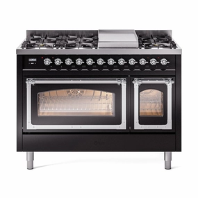 Ilve UN48FNMPBKC Ilve Un48Fnmpbkc Nostalgie Ii Noblesse 48" Dual Fuel Range (8 Sealed Burners   Griddle, Natural Gas, Triple Glass Door, Glossy Black, Chrome) Freestanding Ranges freestanding dual fuel range 30 inch