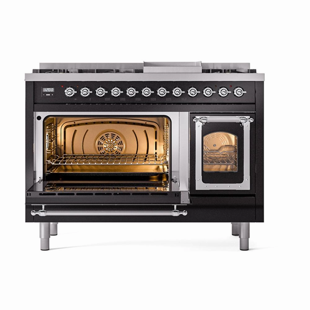 Ilve UN48FNMPBKC Ilve Un48Fnmpbkc Nostalgie Ii Noblesse 48" Dual Fuel Range (8 Sealed Burners   Griddle, Natural Gas, Triple Glass Door, Glossy Black, Chrome)