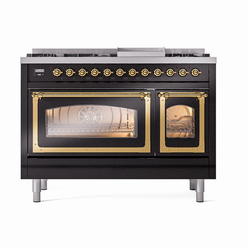 Ilve UN48FNMPBKGLP Ilve Un48Fnmpbkglp Nostalgie Ii Noblesse 48" Dual Fuel Range (8 Sealed Burners   Griddle, Liquid Propane, Triple Glass Door, Glossy Black, Brass)