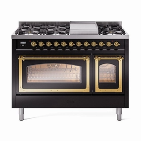 Ilve UN48FNMPBKGLP Ilve Un48Fnmpbkglp Nostalgie Ii Noblesse 48" Dual Fuel Range (8 Sealed Burners   Griddle, Liquid Propane, Triple Glass Door, Glossy Black, Brass) Freestanding Ranges freestanding dual fuel range 30 inch