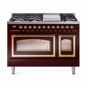 Ilve UN48FNMPBUGLP Ilve Un48Fnmpbuglp Nostalgie Ii Noblesse 48" Dual Fuel Range (8 Sealed Burners   Griddle, Liquid Propane, Triple Glass Door, Burgundy, Brass) Freestanding Ranges freestanding dual fuel range 30 inch