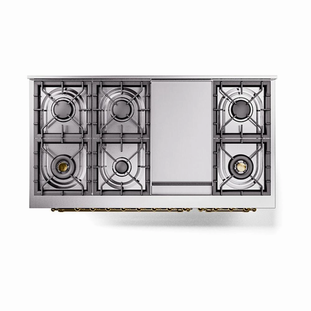 Ilve UN48FNMPBUGLP Ilve Un48Fnmpbuglp Nostalgie Ii Noblesse 48" Dual Fuel Range (8 Sealed Burners   Griddle, Liquid Propane, Triple Glass Door, Burgundy, Brass)