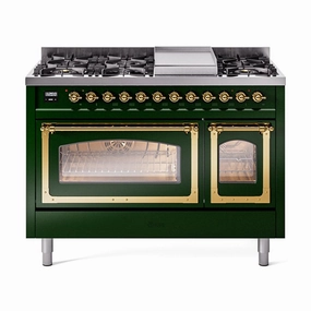Ilve UN48FNMPEGGLP Ilve Un48Fnmpegglp Nostalgie Ii Noblesse 48" Dual Fuel Range (8 Sealed Burners   Griddle, Liquid Propane, Triple Glass Door, Emerald Green, Brass) Freestanding Ranges freestanding dual fuel range 30 inch