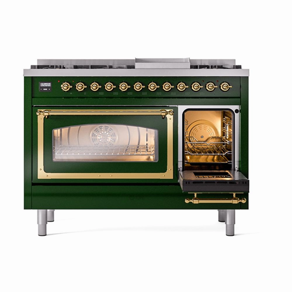 Ilve UN48FNMPEGGLP Ilve Un48Fnmpegglp Nostalgie Ii Noblesse 48" Dual Fuel Range (8 Sealed Burners   Griddle, Liquid Propane, Triple Glass Door, Emerald Green, Brass)