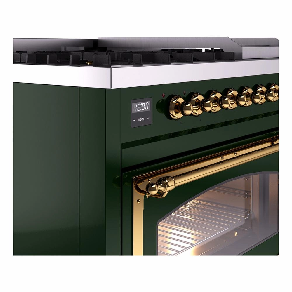 Ilve UN48FNMPEGGLP Ilve Un48Fnmpegglp Nostalgie Ii Noblesse 48" Dual Fuel Range (8 Sealed Burners   Griddle, Liquid Propane, Triple Glass Door, Emerald Green, Brass)