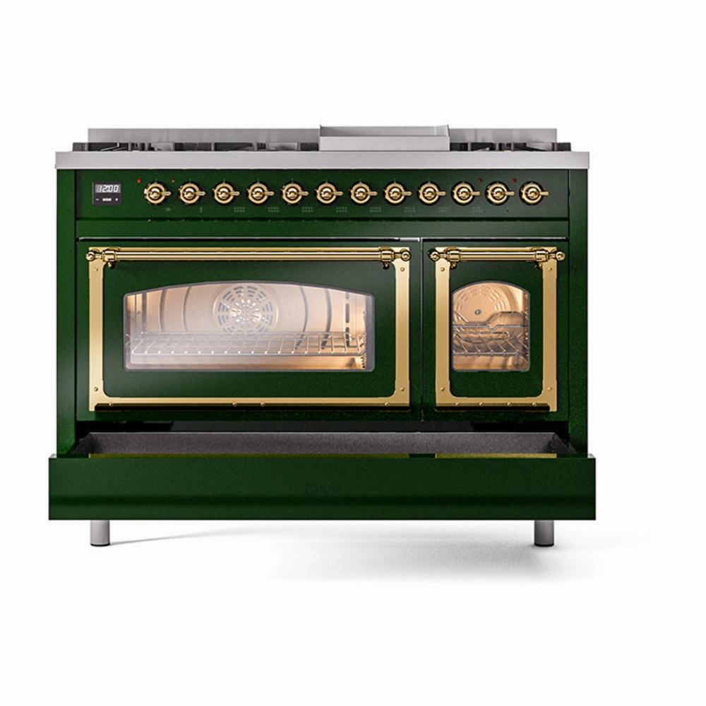 Ilve UN48FNMPEGGLP Ilve Un48Fnmpegglp Nostalgie Ii Noblesse 48" Dual Fuel Range (8 Sealed Burners   Griddle, Liquid Propane, Triple Glass Door, Emerald Green, Brass)
