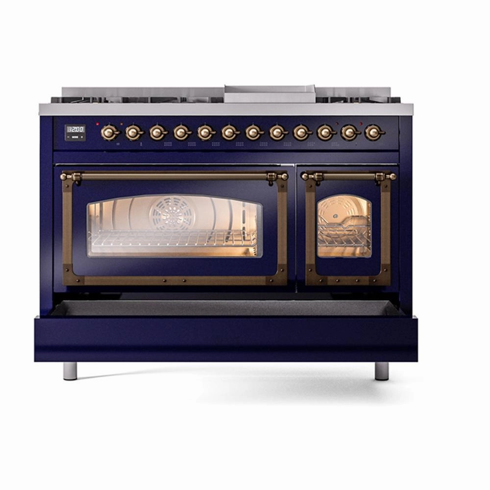 Ilve UN48FNMPMBB Ilve Un48Fnmpmbb Nostalgie Ii Noblesse 48" Dual Fuel Range (8 Sealed Burners   Griddle, Natural Gas, Triple Glass Door, Midnight Blue, Burnished)