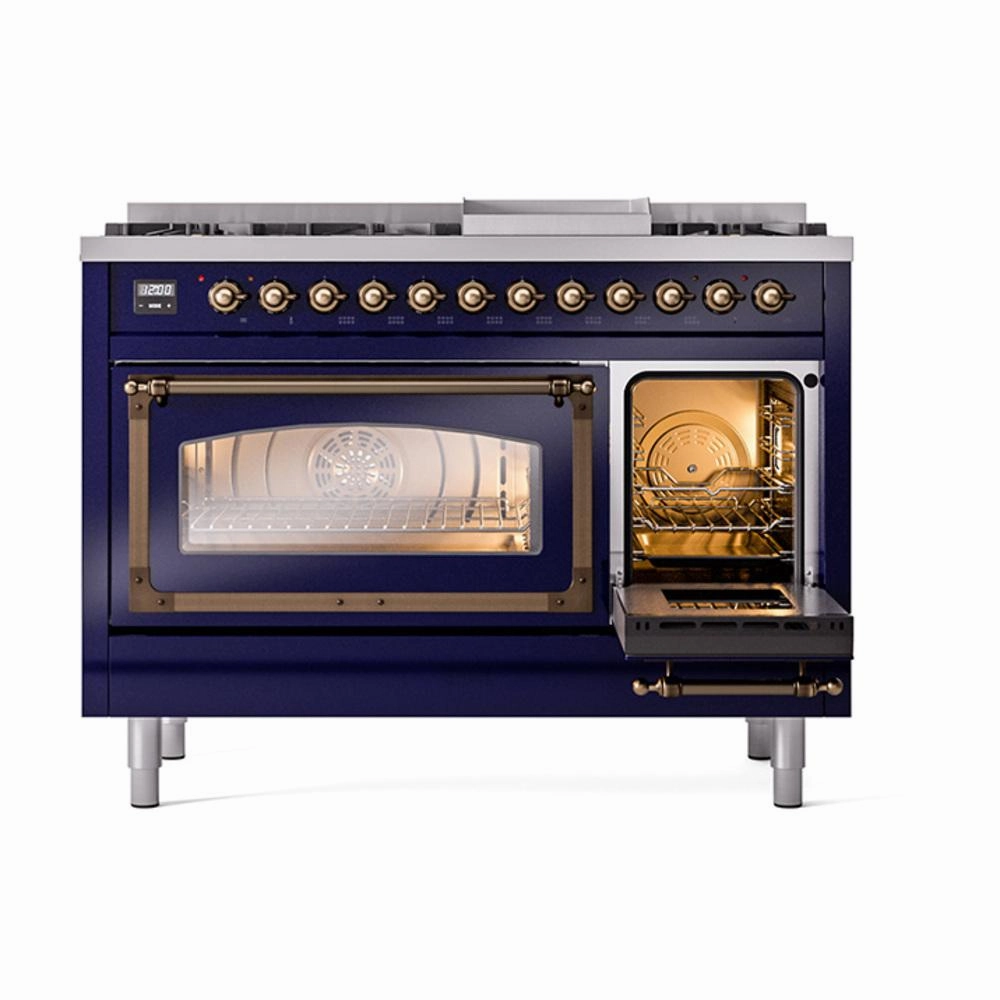 Ilve UN48FNMPMBB Ilve Un48Fnmpmbb Nostalgie Ii Noblesse 48" Dual Fuel Range (8 Sealed Burners   Griddle, Natural Gas, Triple Glass Door, Midnight Blue, Burnished)
