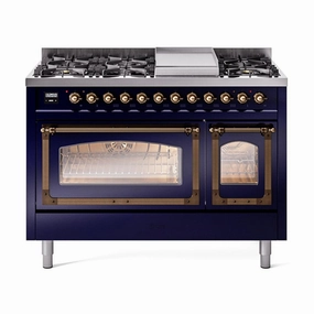 Ilve UN48FNMPMBB Ilve Un48Fnmpmbb Nostalgie Ii Noblesse 48" Dual Fuel Range (8 Sealed Burners   Griddle, Natural Gas, Triple Glass Door, Midnight Blue, Burnished) Freestanding Ranges freestanding dual fuel range 30 inch
