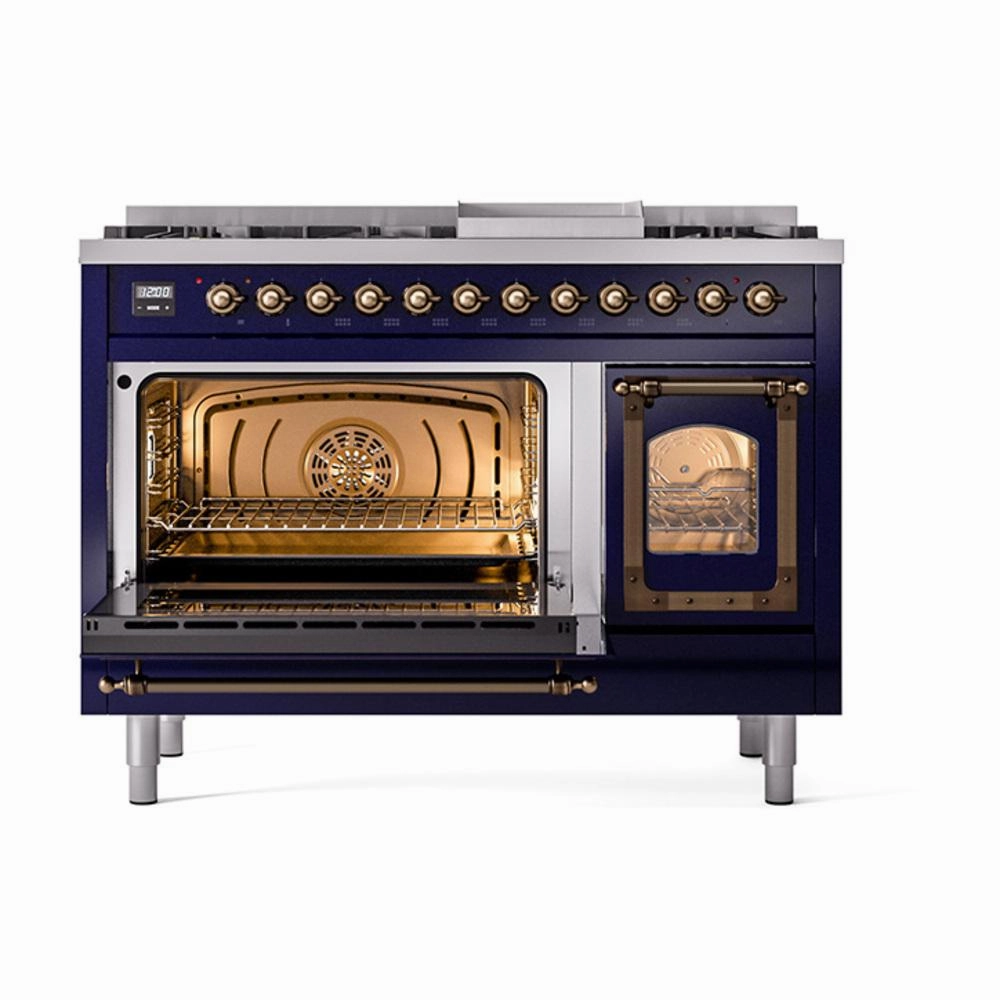 Ilve UN48FNMPMBBLP Ilve Un48Fnmpmbblp Nostalgie Ii Noblesse 48" Dual Fuel Range (8 Sealed Burners   Griddle, Liquid Propane, Triple Glass Door, Midnight Blue, Burnished)