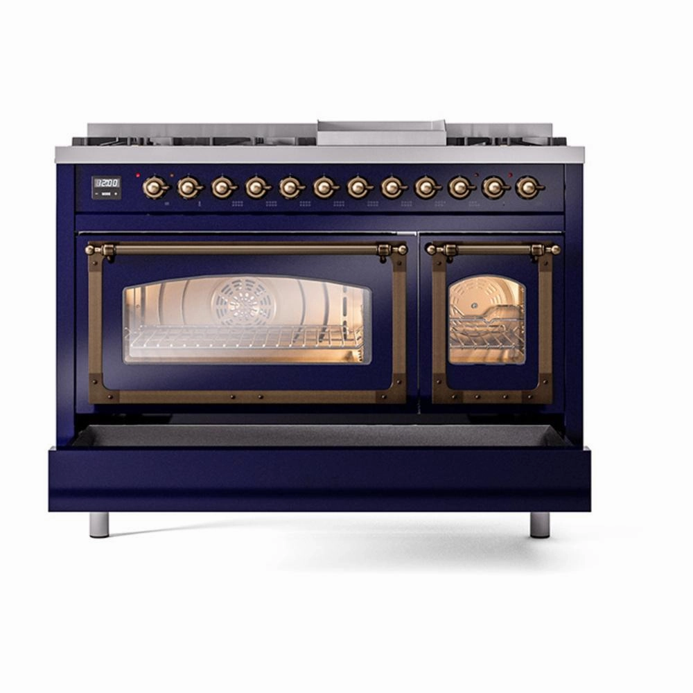Ilve UN48FNMPMBBLP Ilve Un48Fnmpmbblp Nostalgie Ii Noblesse 48" Dual Fuel Range (8 Sealed Burners   Griddle, Liquid Propane, Triple Glass Door, Midnight Blue, Burnished)