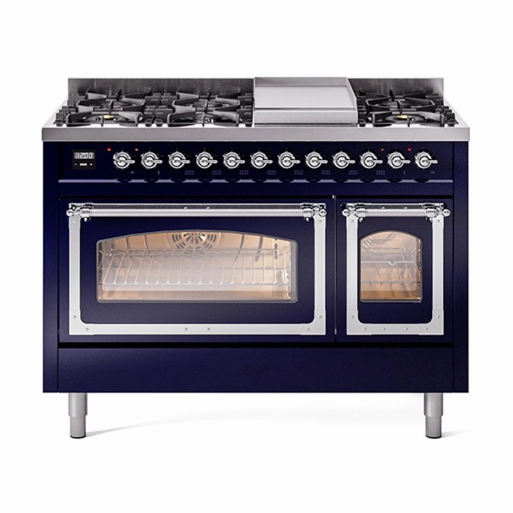 Ilve UN48FNMPMBC Ilve Un48Fnmpmbc Nostalgie Ii Noblesse 48" Dual Fuel Range (8 Sealed Burners   Griddle, Natural Gas, Triple Glass Door, Midnight Blue, Chrome) Freestanding Ranges freestanding dual fuel range 30 inch