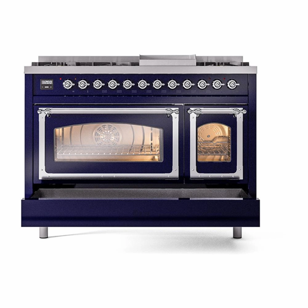 Ilve UN48FNMPMBC Ilve Un48Fnmpmbc Nostalgie Ii Noblesse 48" Dual Fuel Range (8 Sealed Burners   Griddle, Natural Gas, Triple Glass Door, Midnight Blue, Chrome)