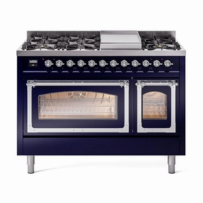 Ilve UN48FNMPMBC Ilve Un48Fnmpmbc Nostalgie Ii Noblesse 48" Dual Fuel Range (8 Sealed Burners   Griddle, Natural Gas, Triple Glass Door, Midnight Blue, Chrome) Freestanding Ranges freestanding dual fuel range 30 inch